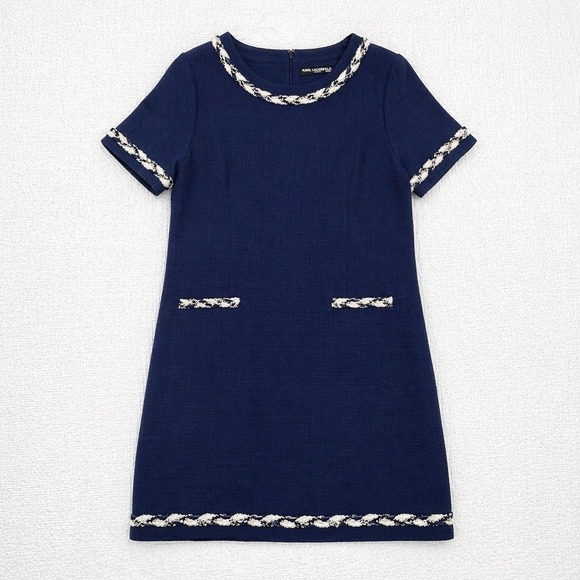 Karl Lagerfeld Paris Dresses & Skirts - Karl Lagerfeld Navy Blue Tweed-Trim Mini Dress
